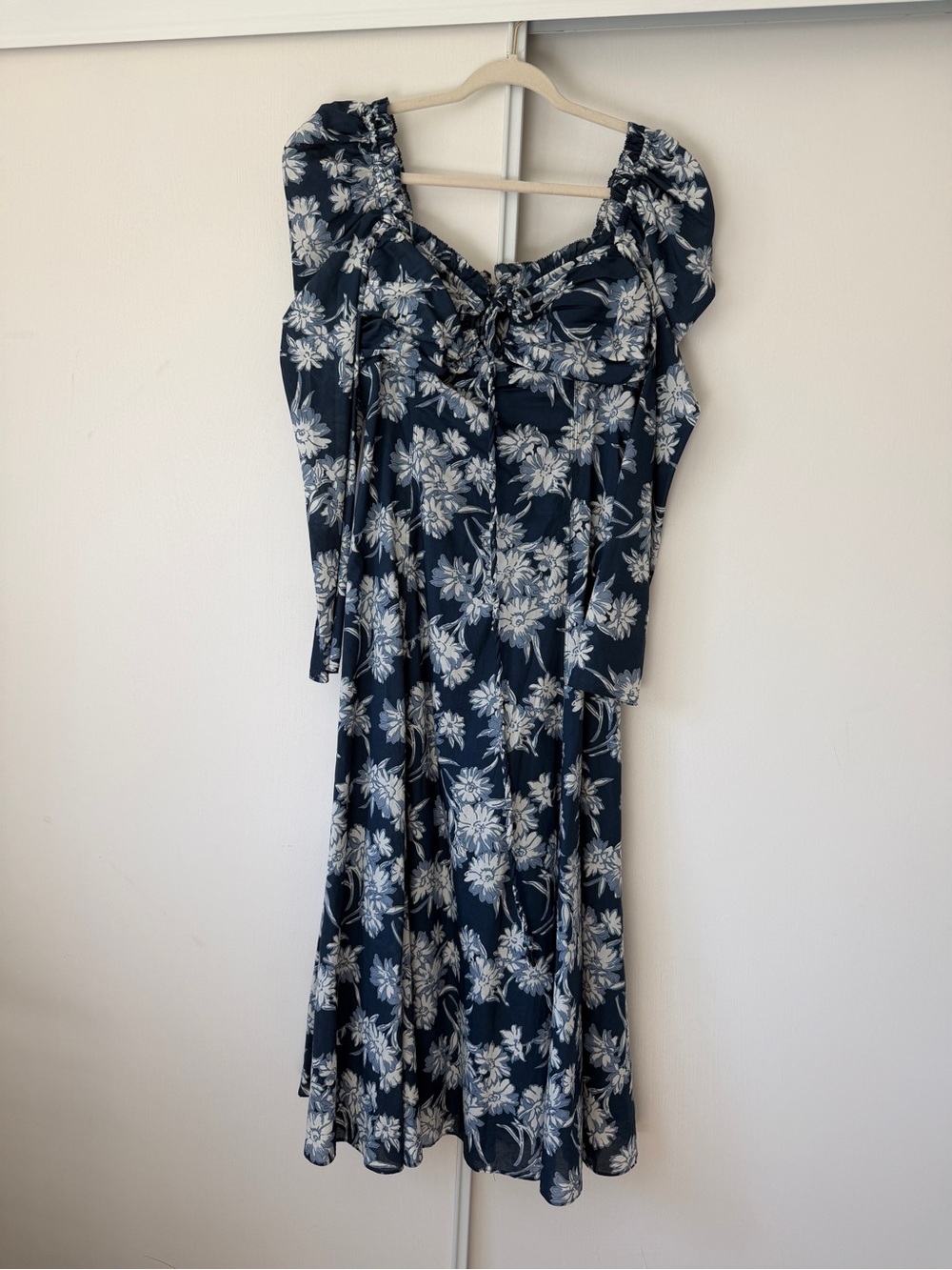 Polo Ralph Lauren Navy White Floral Midi Dress Romantic Maxi Puff Long Sleeve
